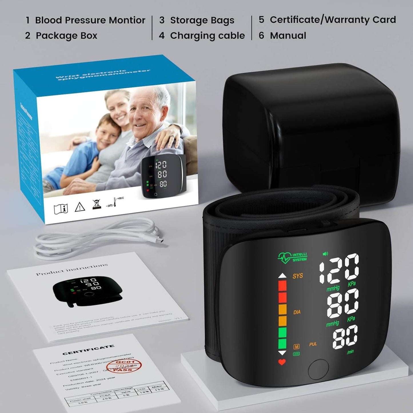 Wrist Blood Pressure Monitor with LED Display and Memory Function